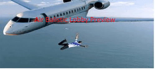 a man is falling from an airplane with the words air ballistic lobby preview written on the bottom