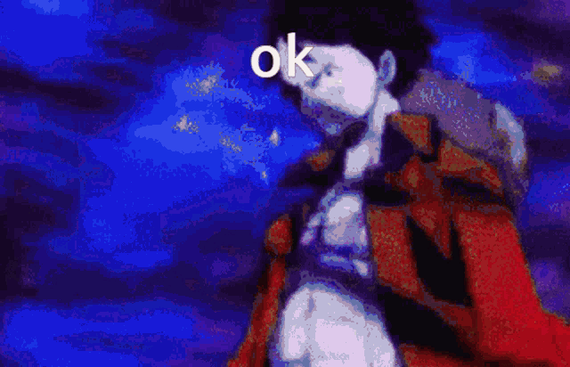 a pixel art of monkey d luffy from one piece with the word ok above his head