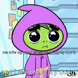 a cartoon character says " and i see the scary donut " while wearing a purple hood