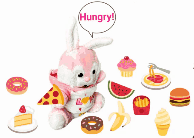 a stuffed bunny with a speech bubble that says hungry on it