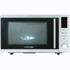 a contemporary microwave oven is turned on and ready to use