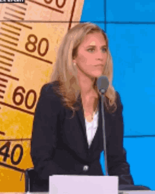 a woman in a suit is speaking into a microphone in front of a ruler that goes up to 80