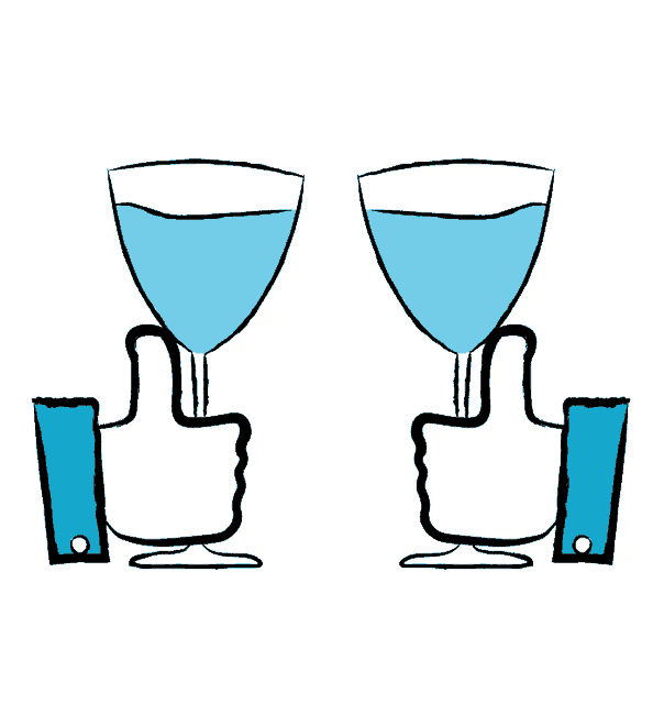 a cartoon drawing of two hands holding wine glasses with thumbs up