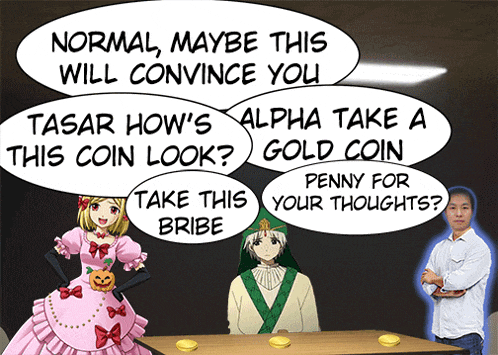 a man and a girl are sitting at a table with a speech bubble that says " normal maybe this will convince you "