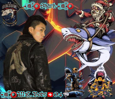 a man in a leather jacket stands in front of a shark and santa claus
