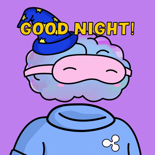 a cartoon character wearing a sleep mask and a wizard hat says " good night "