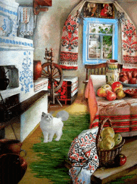 a painting of a room with a cat and a basket of apples on a table