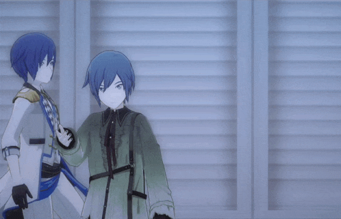 three anime characters are standing next to each other and one has a star on his back
