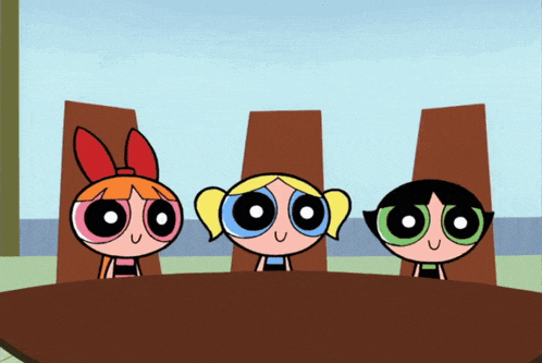 three cartoon characters are sitting at a table with their faces visible