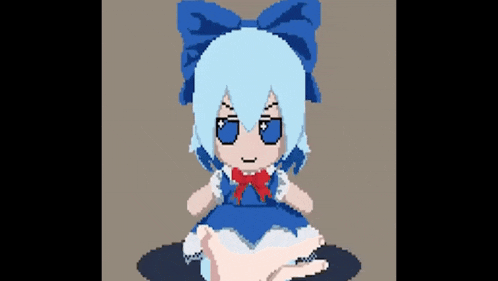 a pixel art of a girl with blue hair and a red bow on her head .