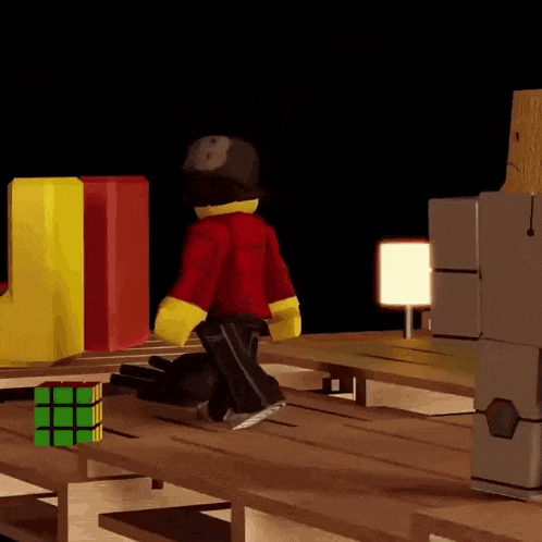 a cartoon character is sitting on a bench with a rubik 's cube on the table