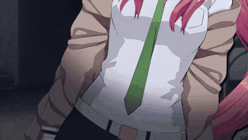 a girl with pink hair wearing a white shirt and a green tie