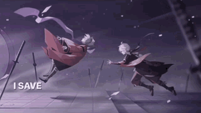 a couple of anime characters with the words " i save " on the bottom right