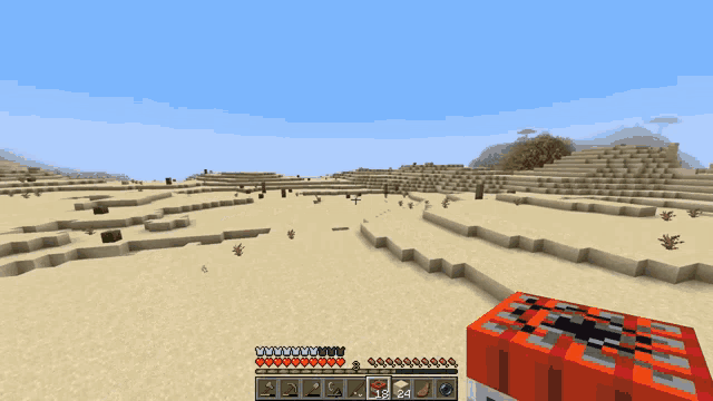 a screenshot of a minecraft game shows a desert landscape with a red block in the foreground