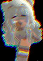 a pixelated image of a girl with a cat hat and striped socks