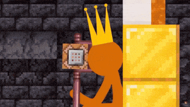 a stick figure wearing a crown is standing next to a stack of golden blocks
