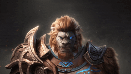 a lion with blue eyes is wearing armor and looking at the camera