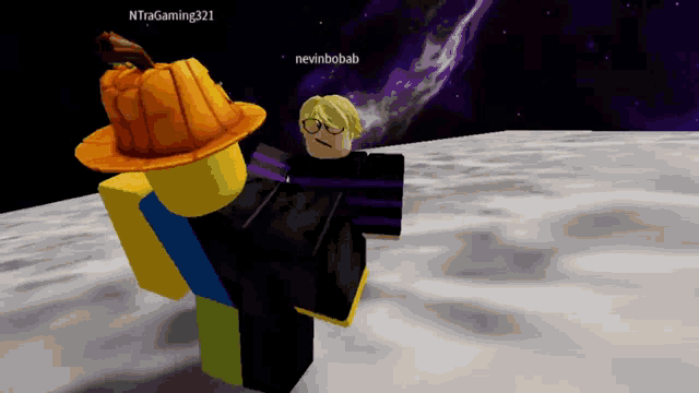 a roblox character wearing an orange pumpkin hat is standing next to another roblox character wearing glasses