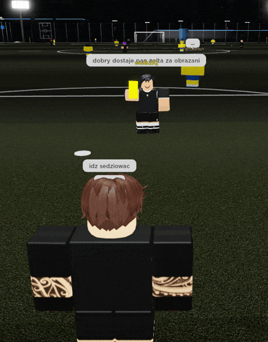 a roblox game shows a person holding a yellow card and another person saying idz sedziowac
