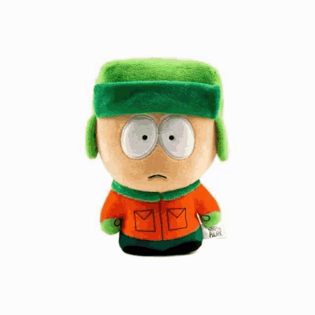 kyle from south park is a stuffed animal with a green hat and orange jacket .