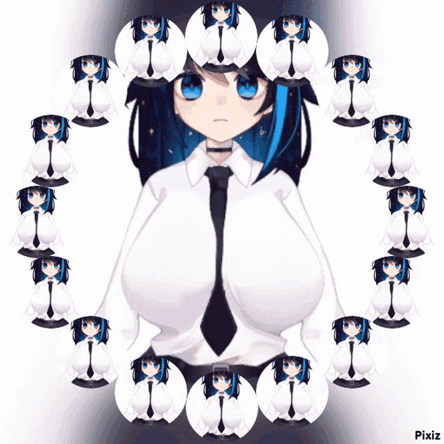 a girl with blue hair and a white shirt and tie is surrounded by a circle of girls with blue hair and white shirts and ties