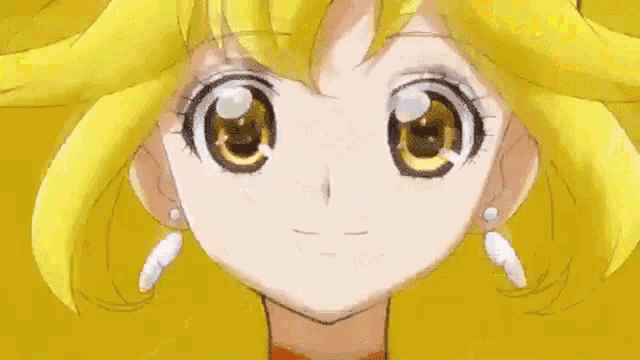 a close up of a yellow haired anime girl with her hands outstretched .