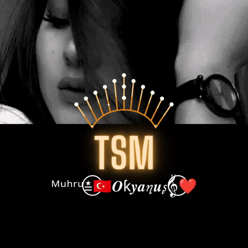 a black and white photo of a woman wearing a watch and the words tsm on the bottom