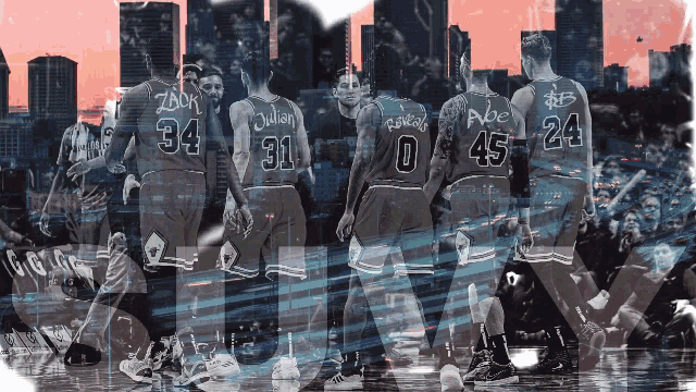 a group of basketball players including zack julian and abe are standing on a court in front of a city skyline