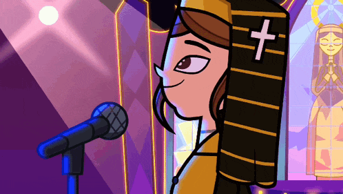 a cartoon of a woman holding a bible with a cross on it in front of a microphone