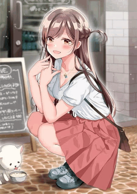 a girl in a pink skirt is squatting down next to a cat