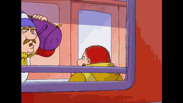 a cartoon of a man holding a purple bag talking to a boy