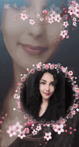a woman 's face is surrounded by a wreath of pink and white flowers