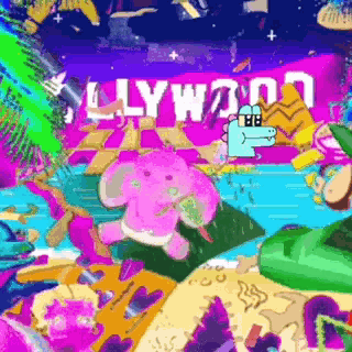 a hollywood sign is in the background of a colorful cartoon