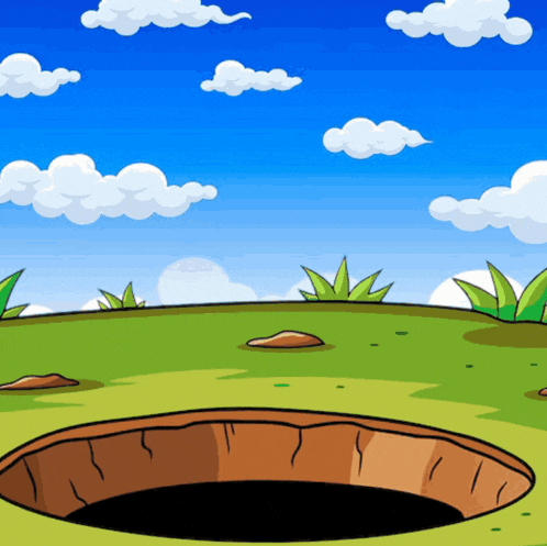 a cartoon landscape with a hole in the ground and a blue sky with clouds