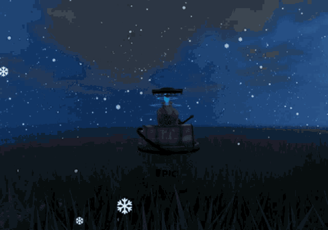 a bucket with the word epic on it sits in the middle of a field