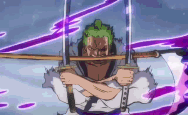 a cartoon of a man holding two swords in his hands .