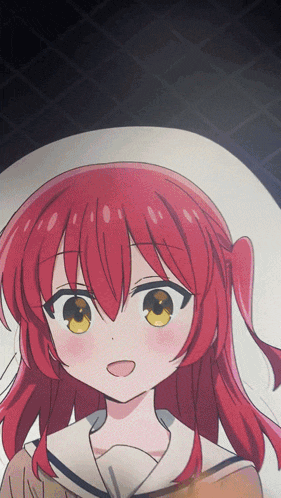 a girl with red hair and yellow eyes is wearing a white hat