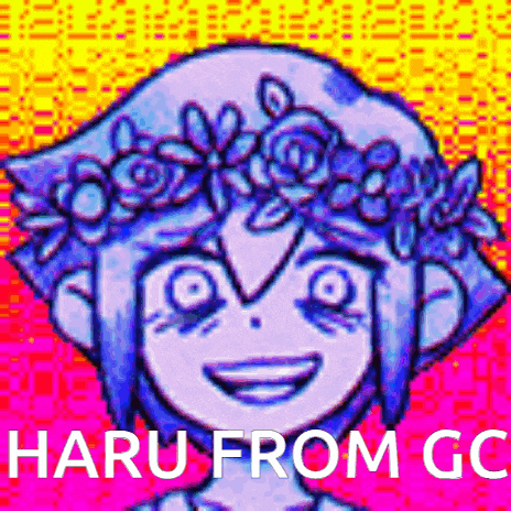 a cartoon character with a flower crown on her head and the words `` haru from gc '' written below her .