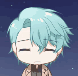 a cartoon drawing of a boy with blue hair