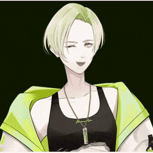 a drawing of a girl with green hair and a necklace that says ' aoi ' on it