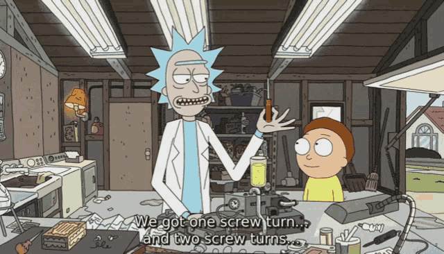 a cartoon of rick and morty talking about screws