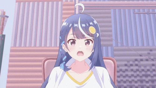 a girl with long blue hair and a yellow circle on her head