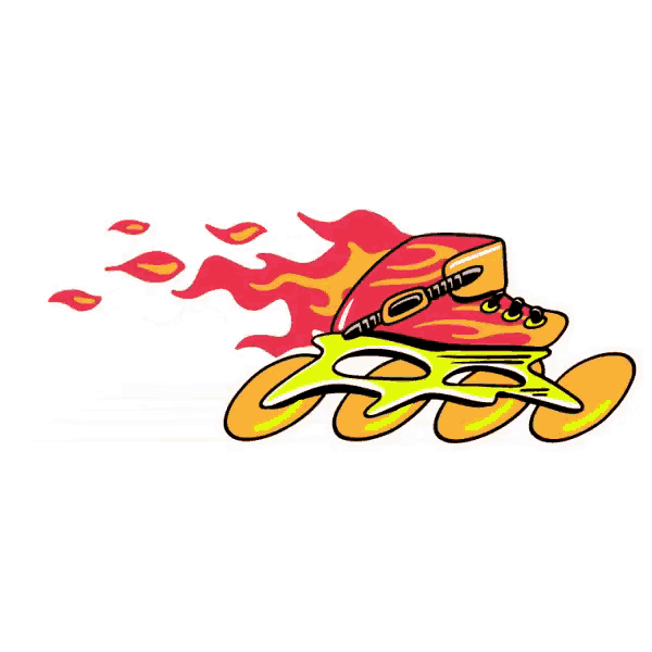 a cartoon drawing of a roller skate with flames on the wheels