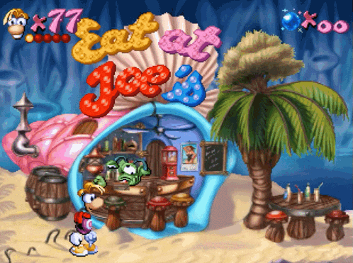 a cartoon scene with the words " eat at joe 's "