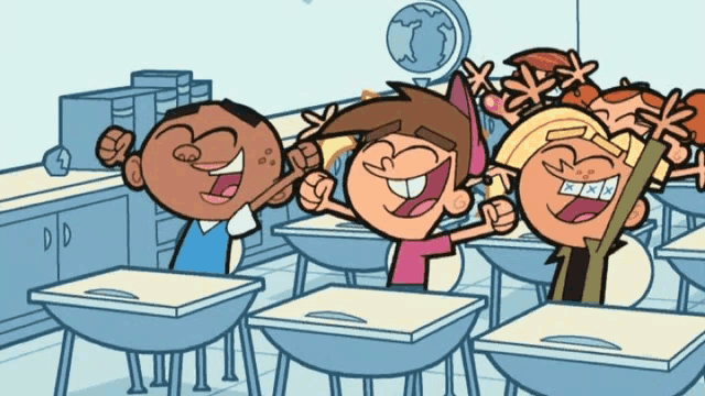 a group of cartoon characters are sitting at desks in a classroom with a globe in the background