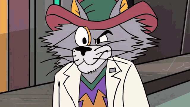 a cartoon drawing of a cat wearing a hat