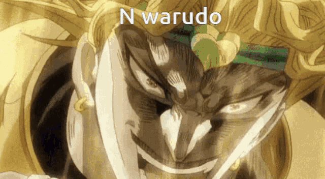 a close up of dio from jojo 's bizarre adventure with the words n warudo above his head