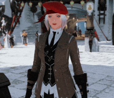 a woman wearing a red hat and a brown coat