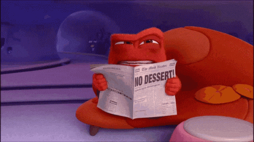 a cartoon character is reading a newspaper which says no dessert