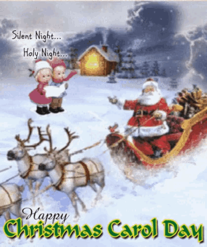 a christmas carol day greeting card with santa and reindeer